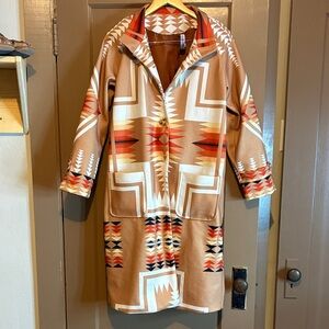 Pendleton Tan Southwestern Patterned Trench Coat with Red Accents